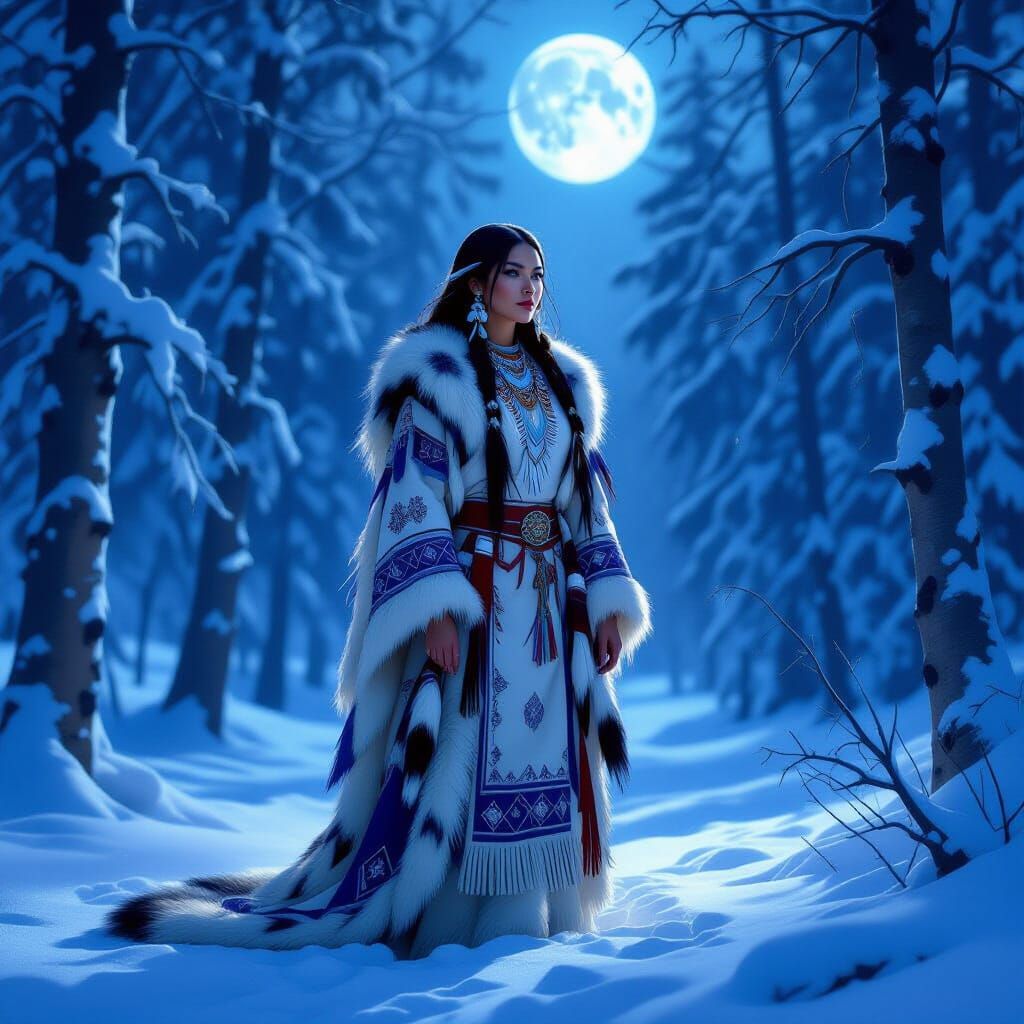 woman in traditional Native American clothing, adorned with ...