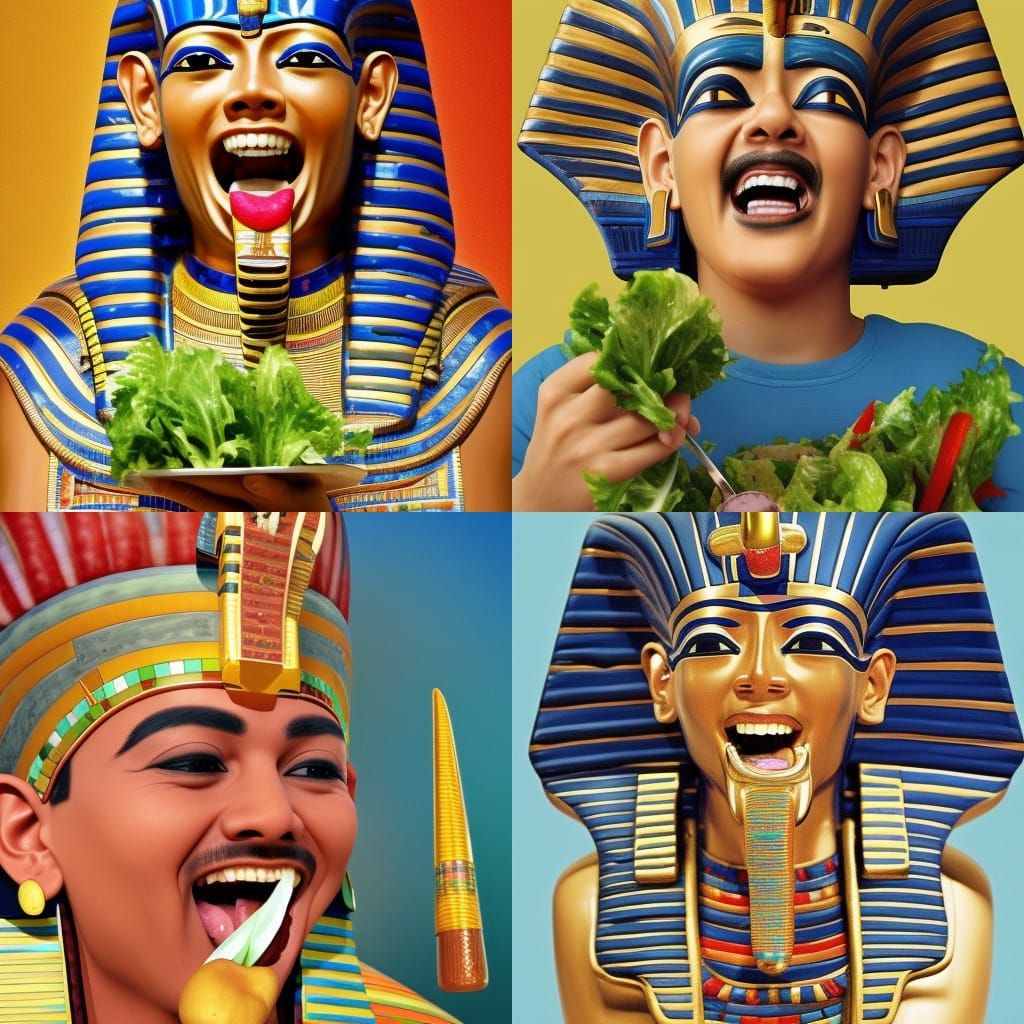 King Tut's Joyful Salad Soiree in Vibrant Hyperrealism