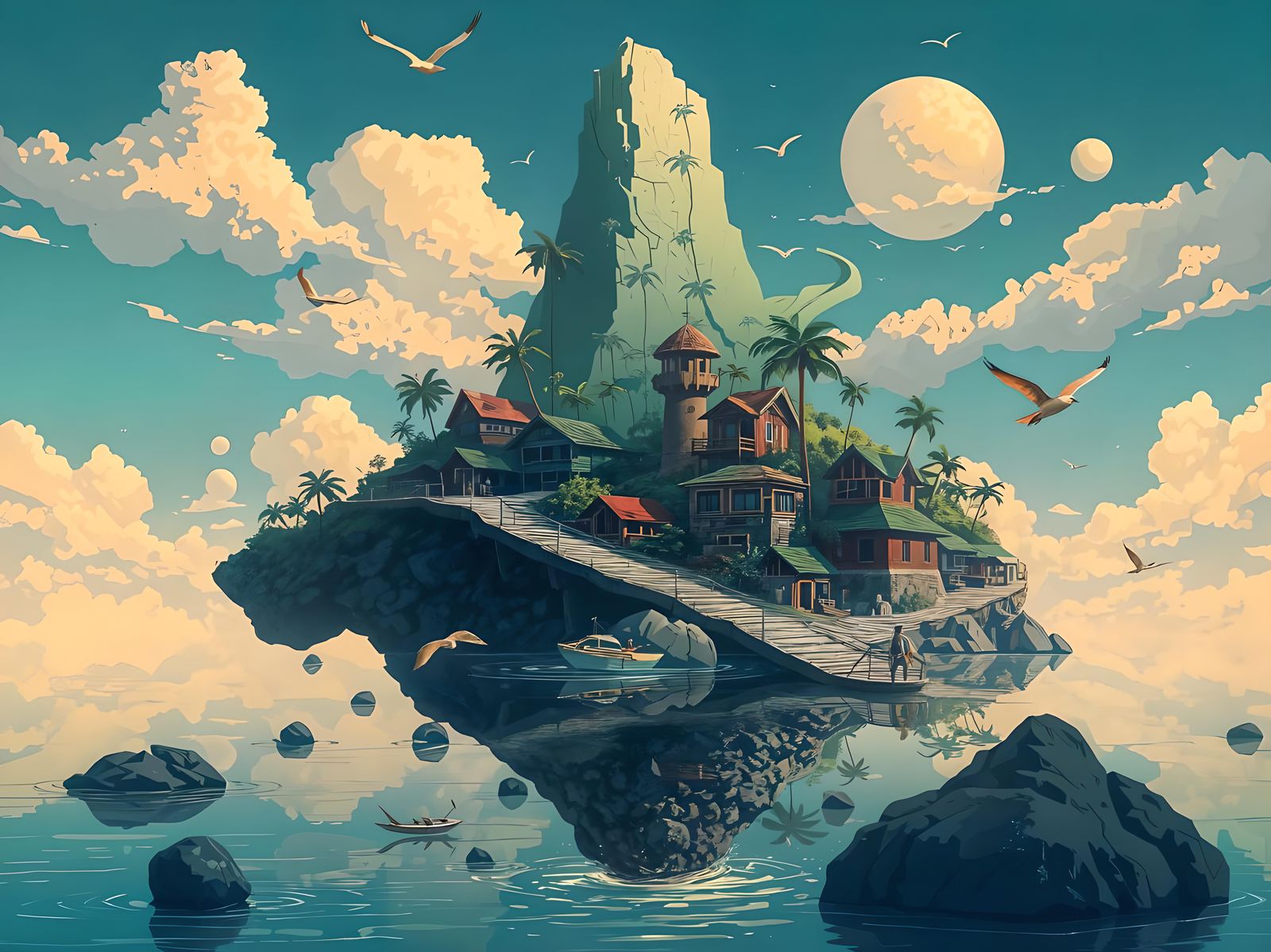 Surreal Tropical Island Portrait with Fluid Lines and Reflec...