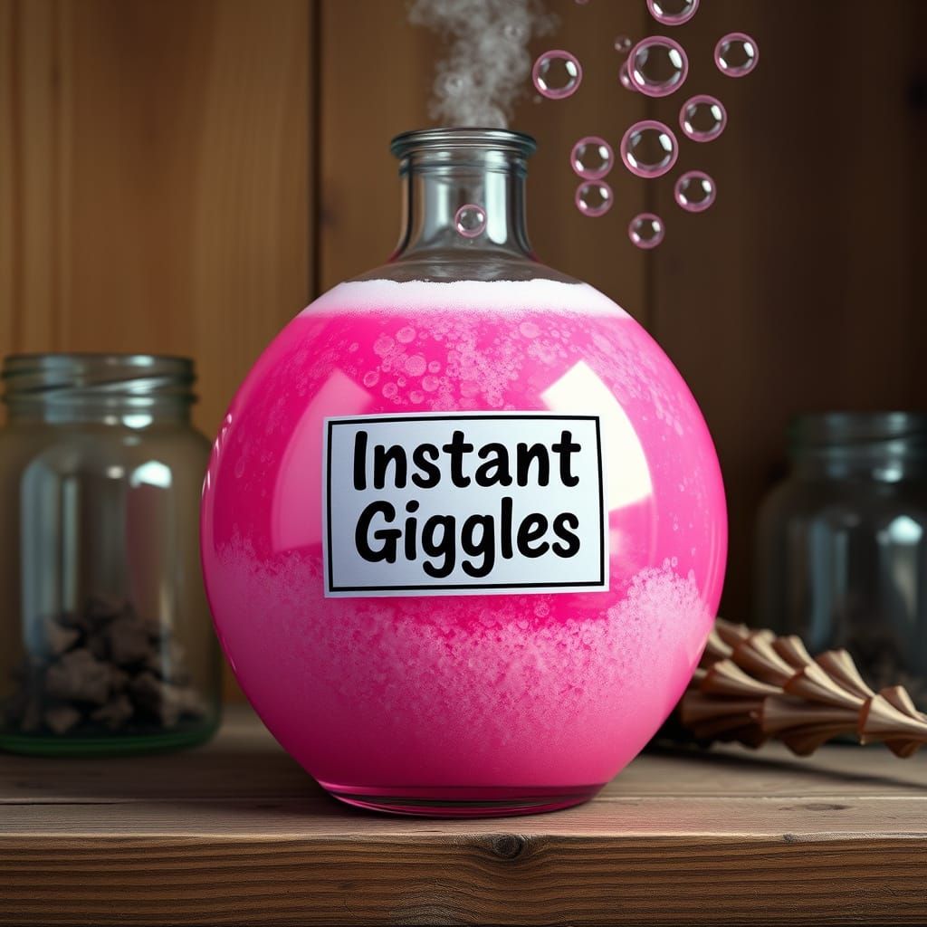 Magical Pink Potion Bottle with Smiling Bubbles