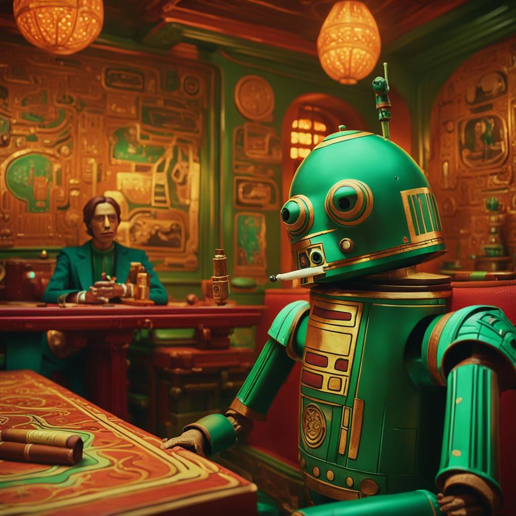 A Quaint Green Droid Savoring a Cigar in a Vibrant Cantina