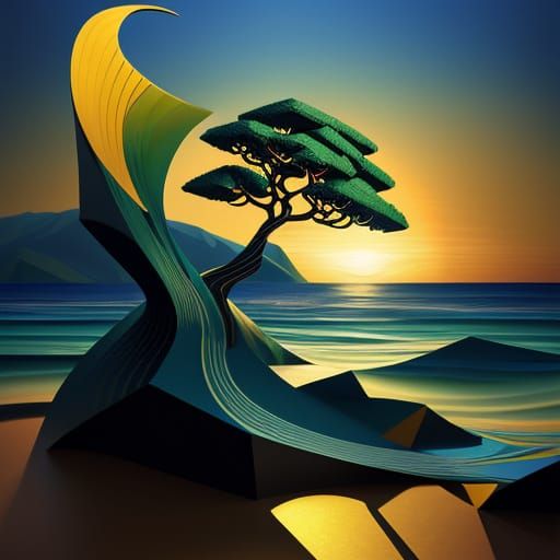 Cubist Tree by the Sea in Vibrant Golden Light