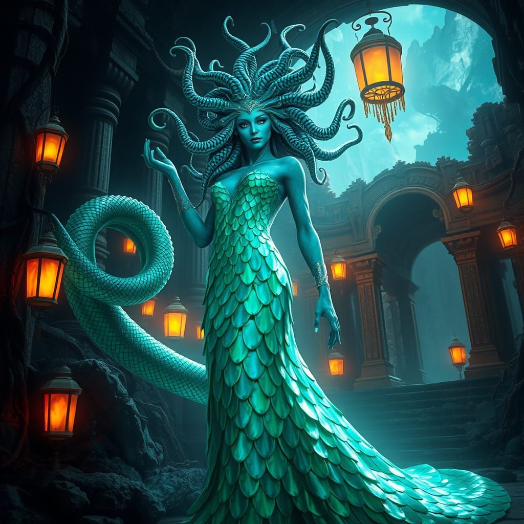 Mystical Medusa in Iridescent Scale Gown