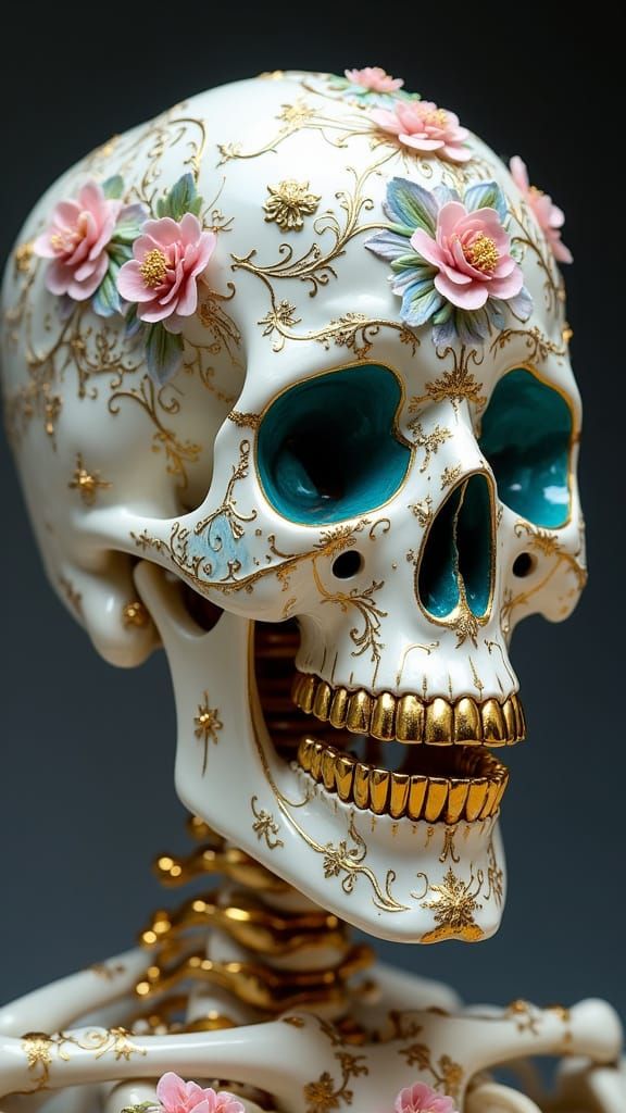 Baroque Ceramic Skull Sculpture with Gold Accents