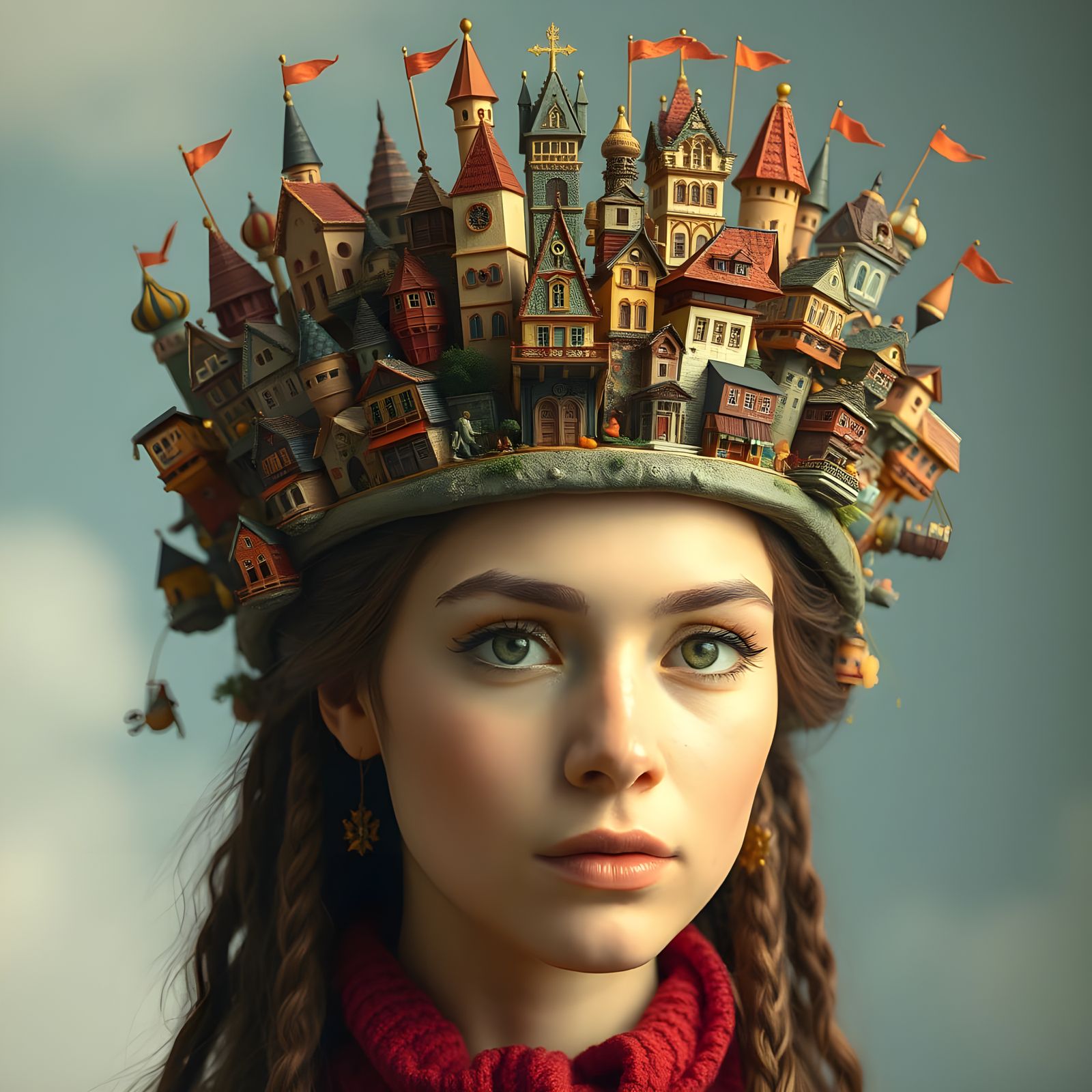 Portrait of a Regal Figure in a Whimsical City Crown