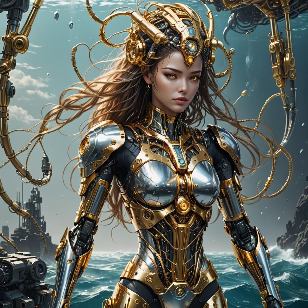 Golden Cyborg Goddess Rises from the Ocean Depths