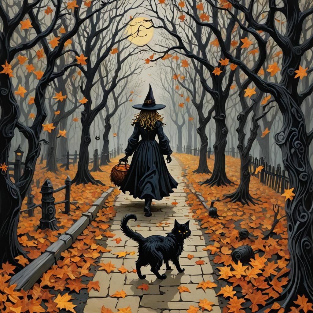 Dark Fantasy Witch Emerges from Midnight Forest