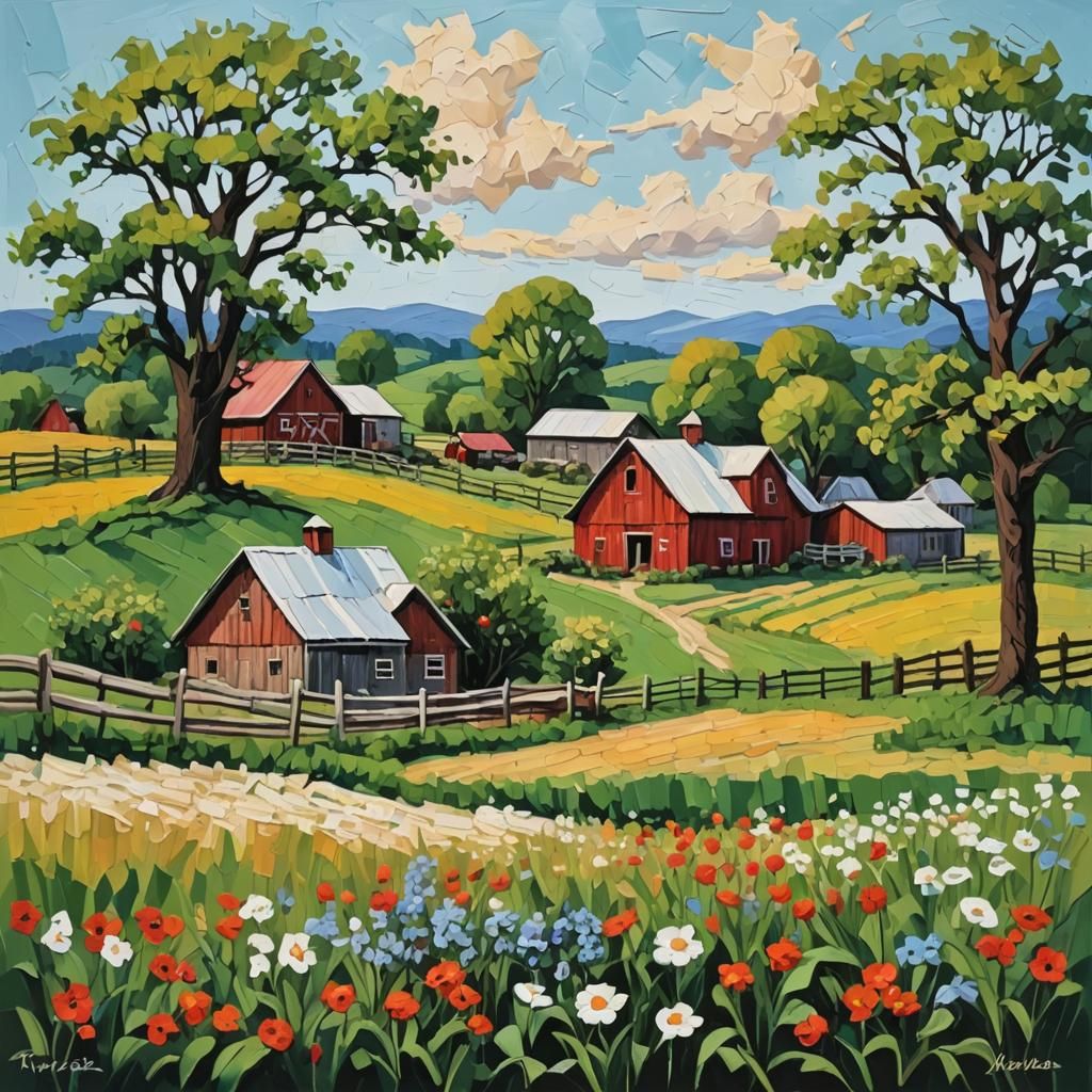 Rustic Farmhouse Landscape in Impasto Style