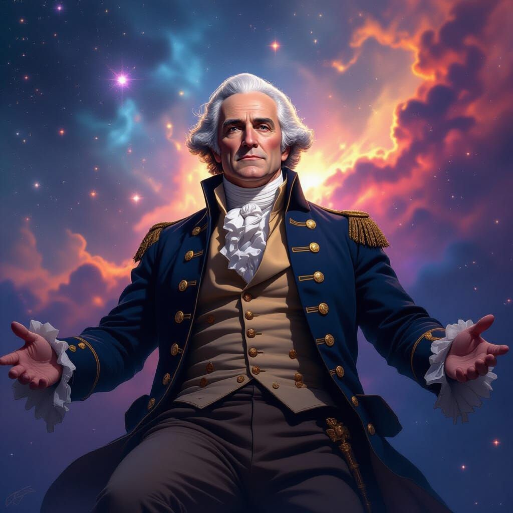 George Washington in Cosmic Nebula with Glowing Symbols