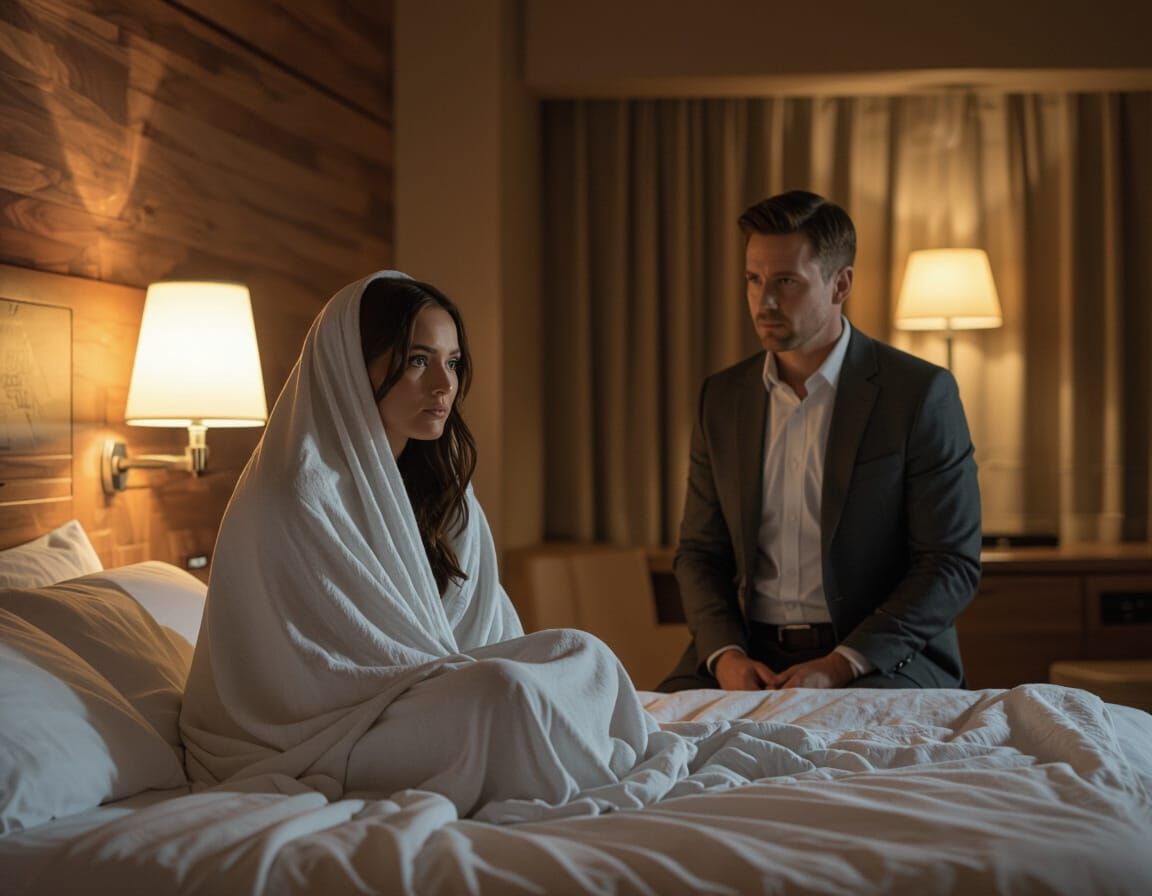 Vulnerable Woman in Mars Hotel Room, Moody Lighting