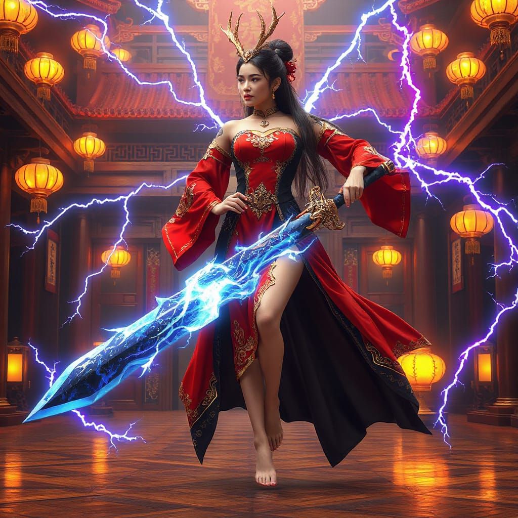 Ethereal Warrior Sorceress in Fire Red and Black Fantasy Arm...