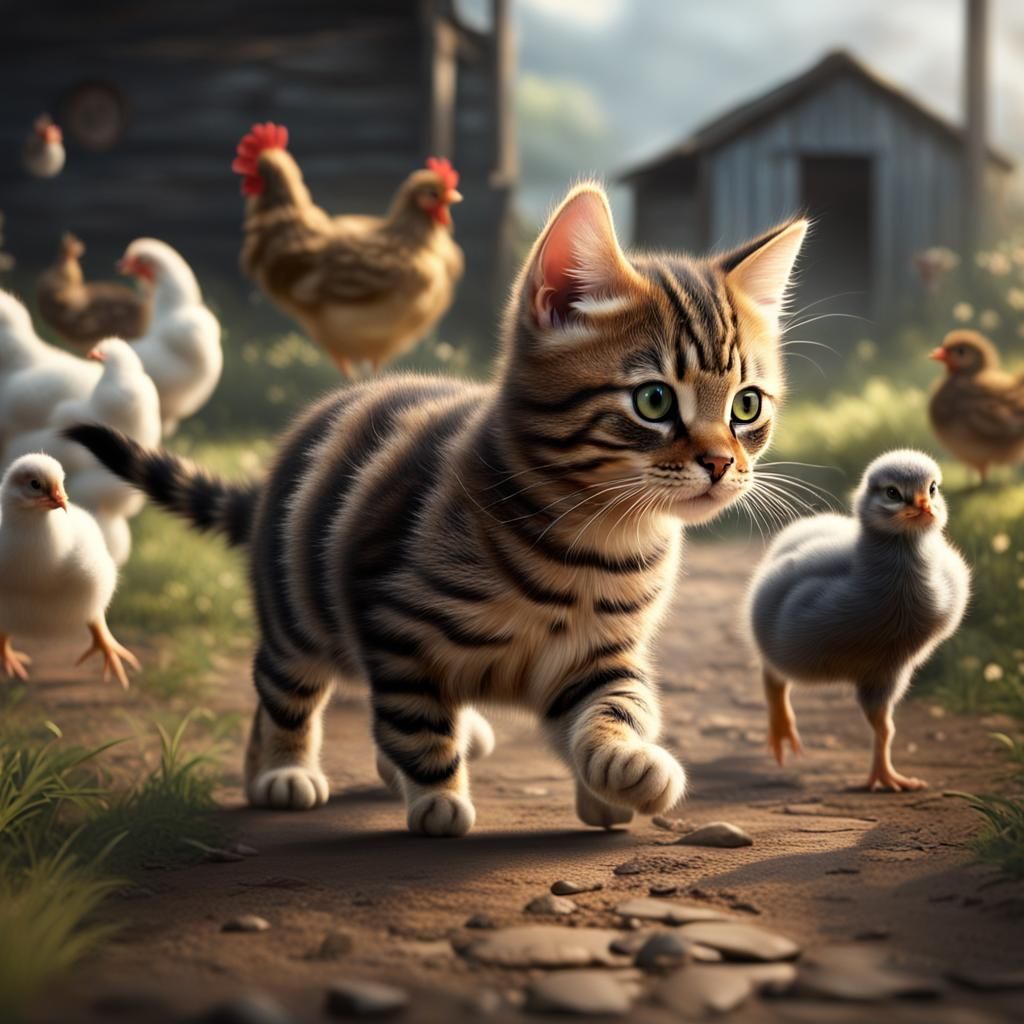 Whimsical Feline Encounter in a Majestic Digital Landscape