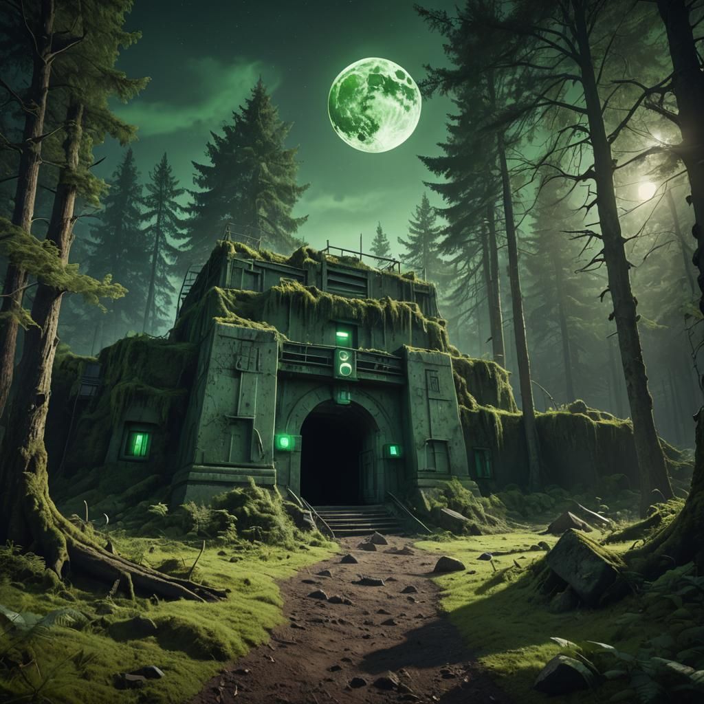 Oregon Forest Bunker under a Dazzling Green Moon in Epic Fan...