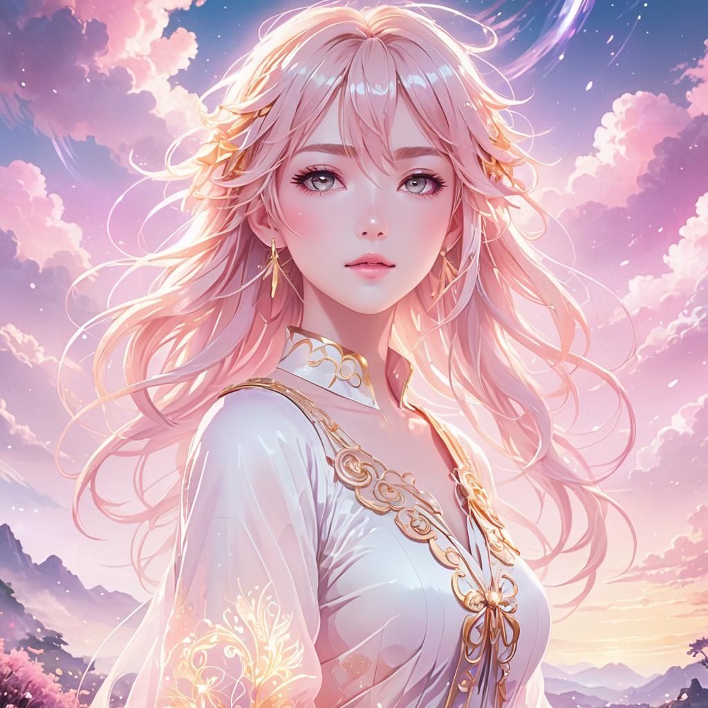 Vibrant Neon Anime Goddess in Dreamy Landscape