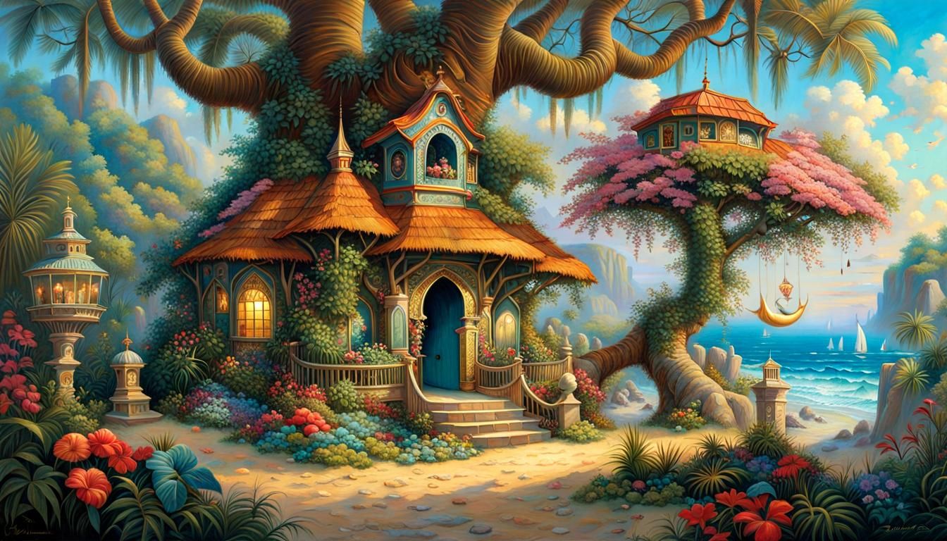 Tropical Beach Treehouse Oil Painting