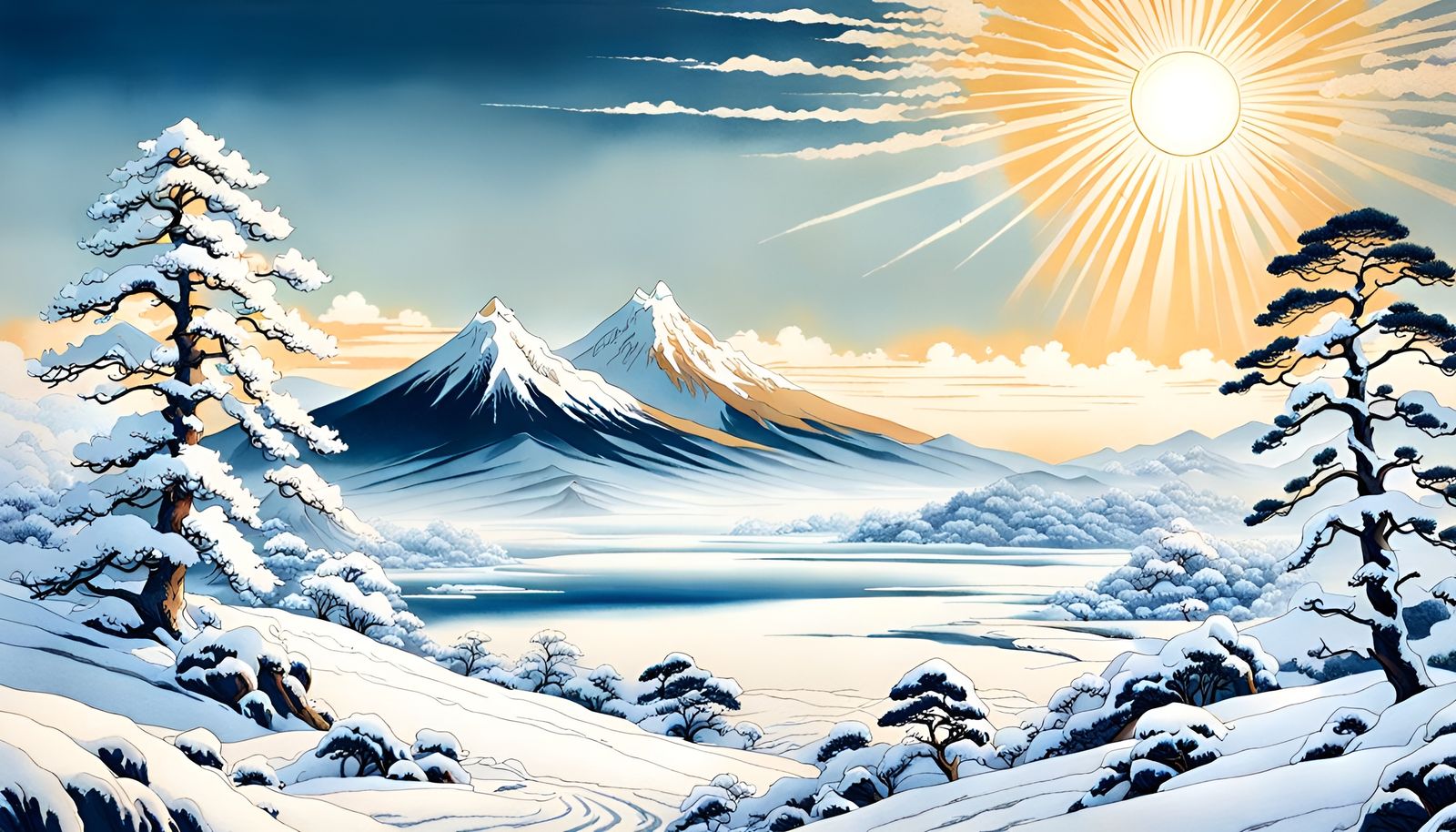 Surreal Winter Wonderland in Traditional Japanese Style