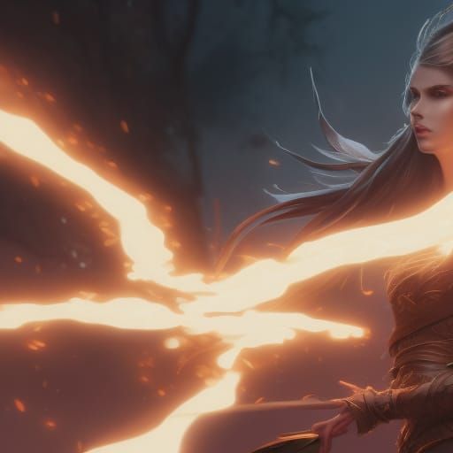 Female Wizard with Lightning Power, Charcoal Drawing