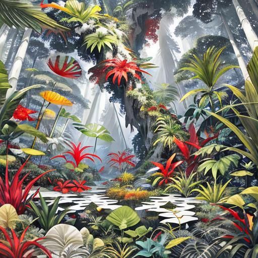 Angular Botanical Masterpiece with Red and Gold Accents