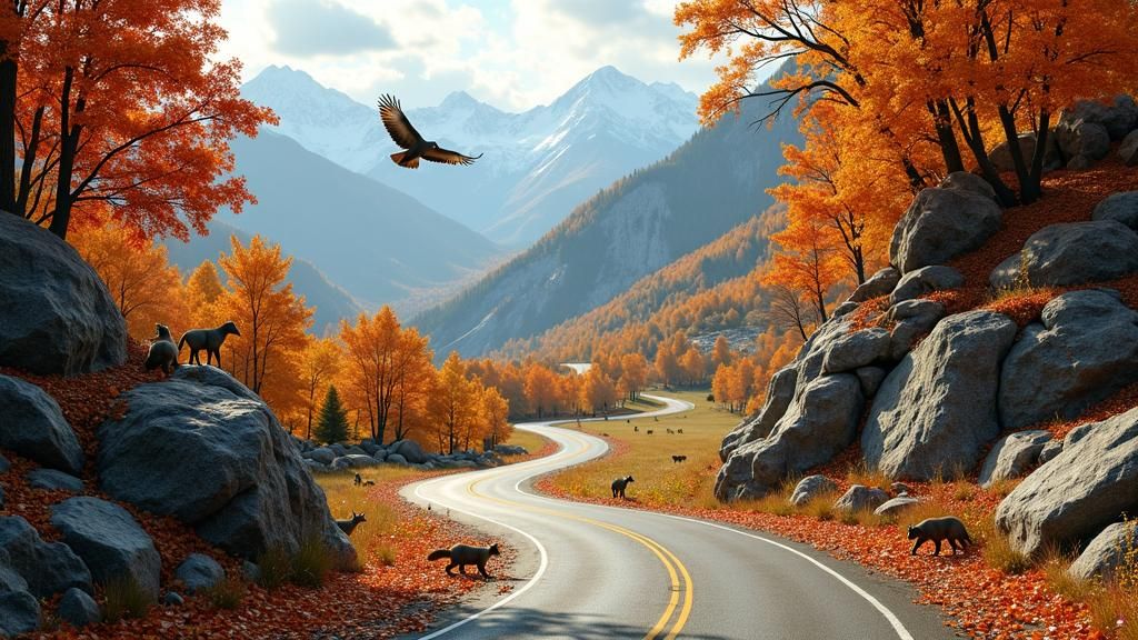 Panoramic Autumn Road Through Majestic Mountains