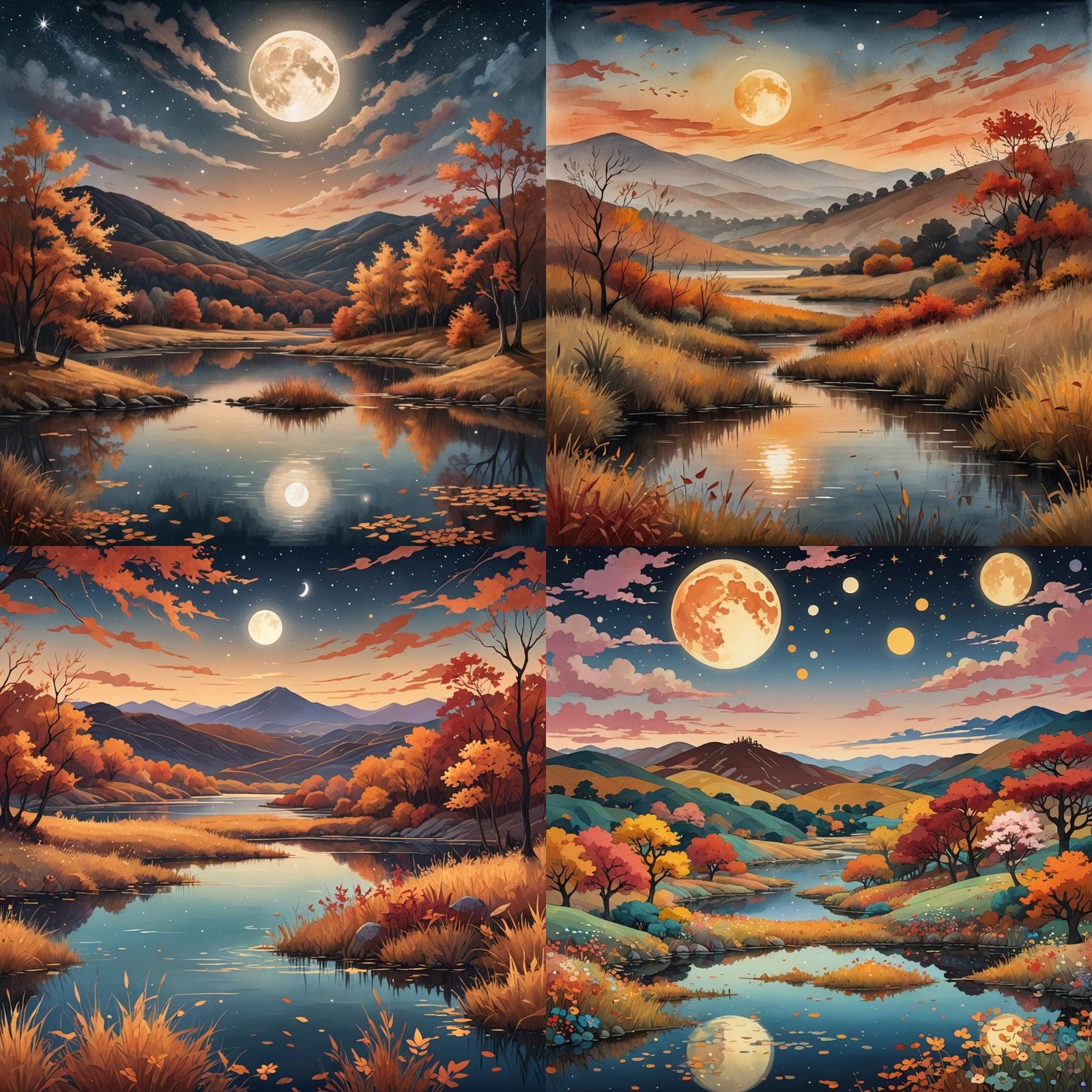 Dreamy Digital Moonlit Autumn Landscape with Rolling Hills a...