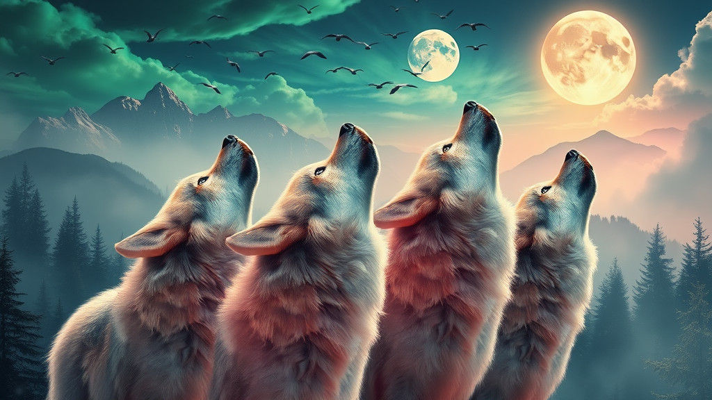 Majestic Wolves Howl at the Moon in a Misty Forest