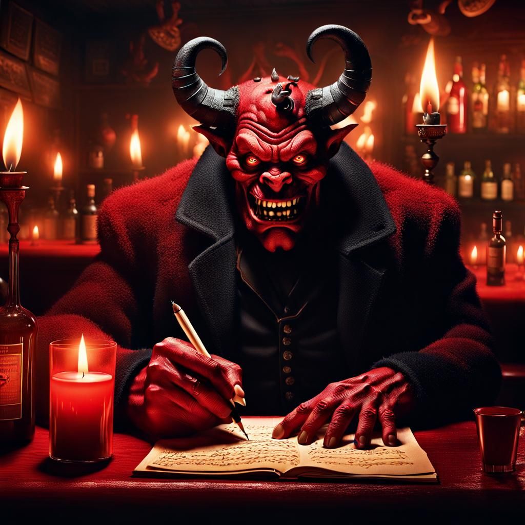 Monstrous Demon Writes Poetry by Candlelight in a Bustling B...
