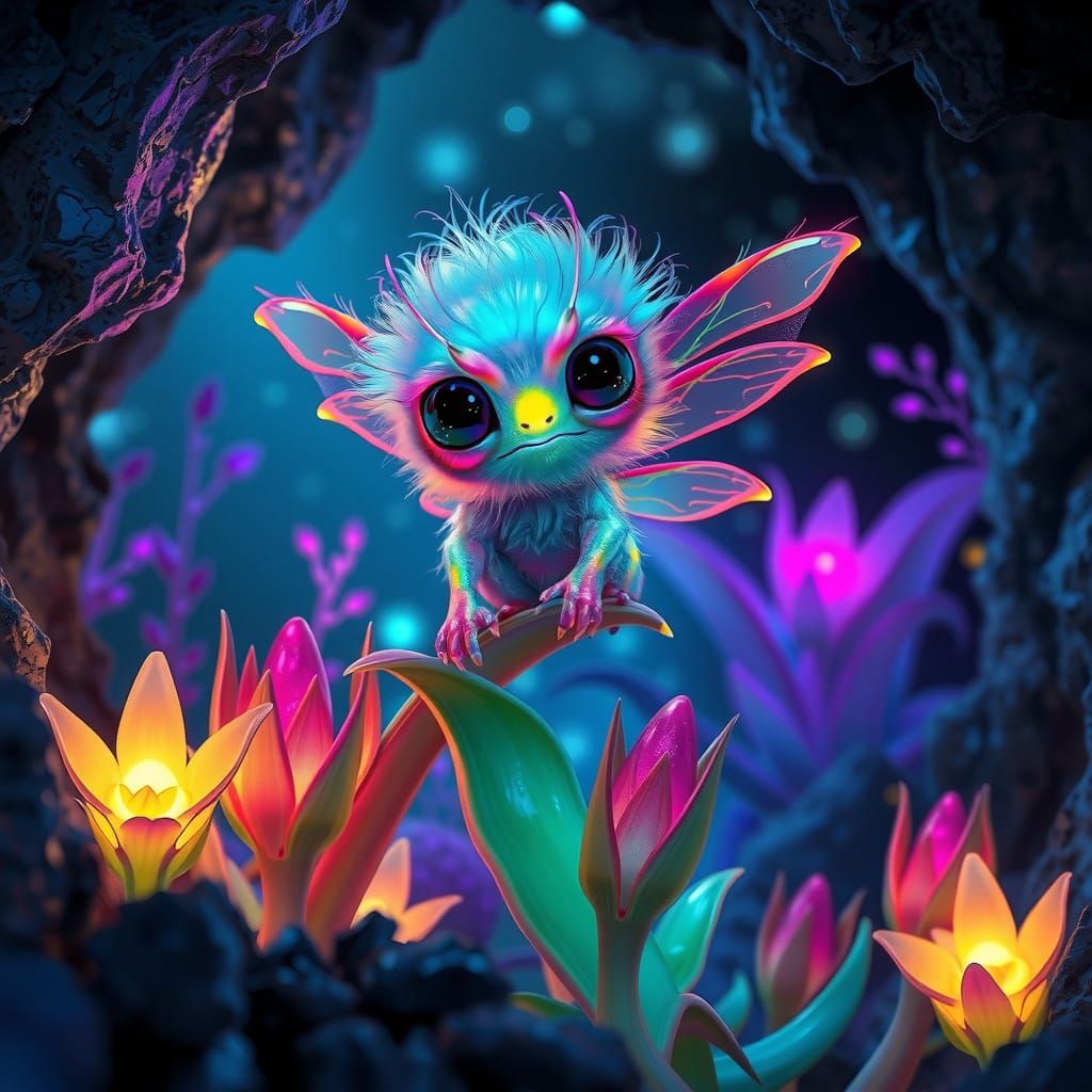 Glowing, Iridescent Critter on Alien Flora in a Dark Crystal...