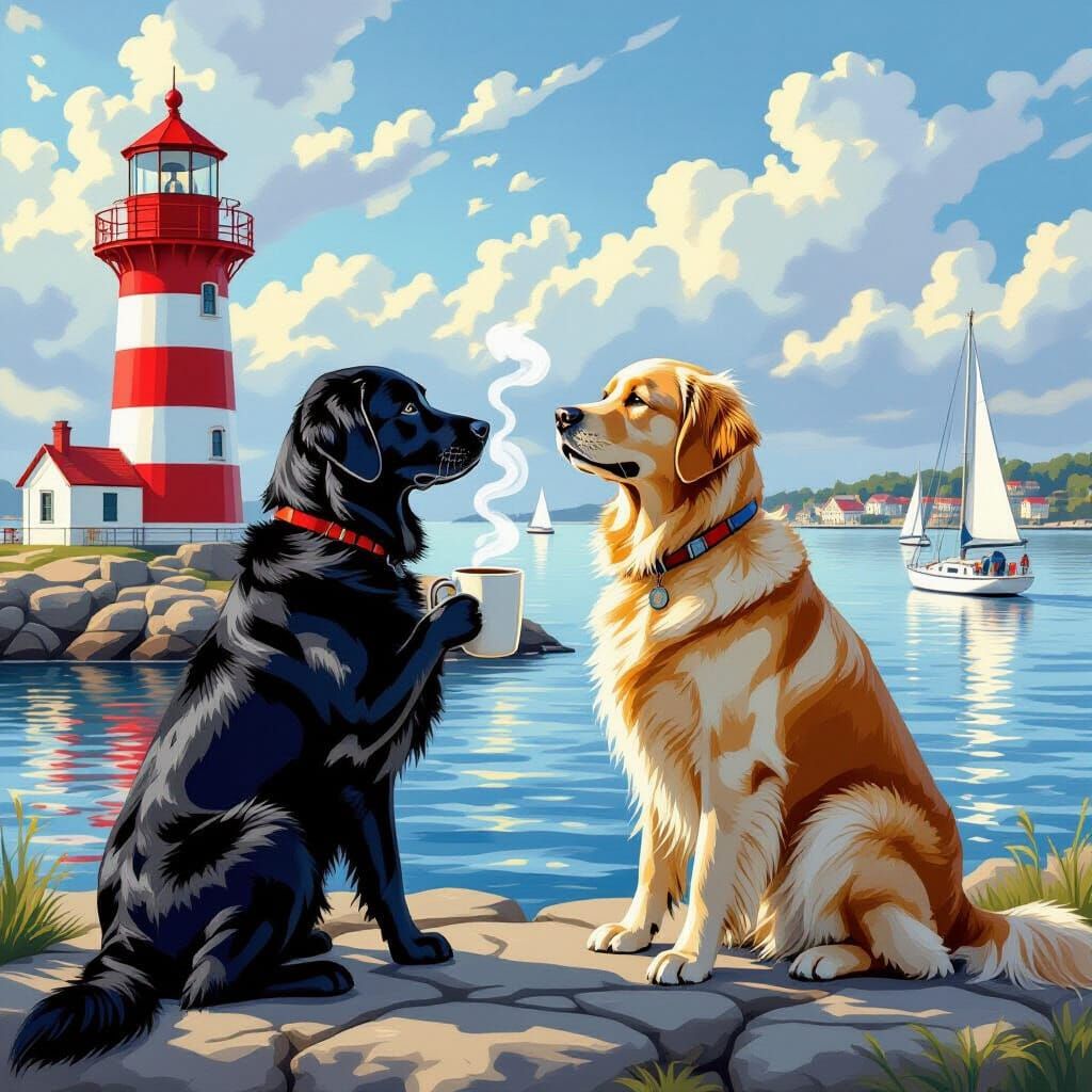 Labrador and Golden Retriever Enjoy Coffee by Lighthouse