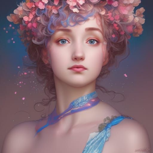 Blue Haired Woman in Cherry Blossoms, Hyperdetailed Portrait