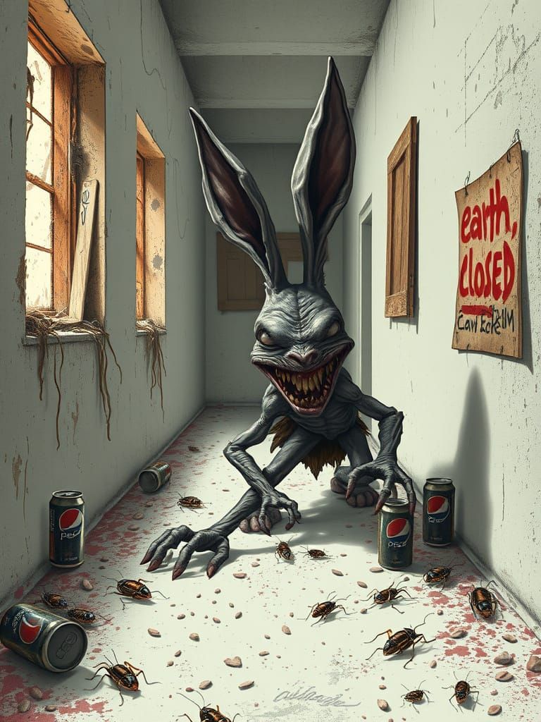 Morbid Bunny Crawls Through Decaying Corridor