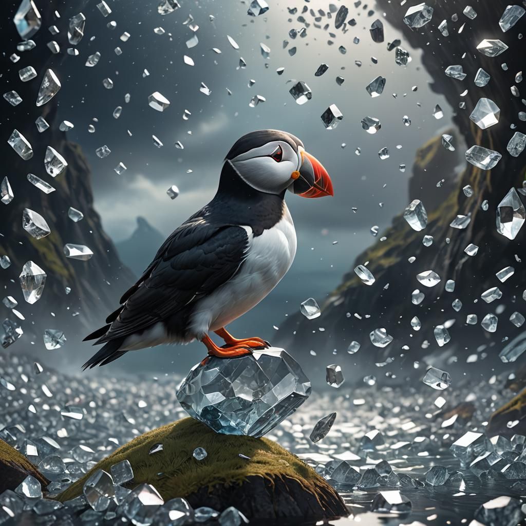 Epic Modern Glass Puffin with Brilliant Diamonds