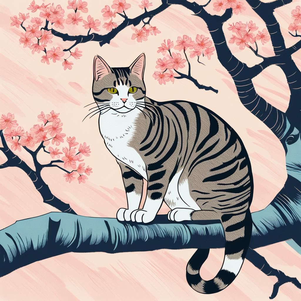 Serene Tabby Cat in Traditional Japanese Ukiyo-E Style
