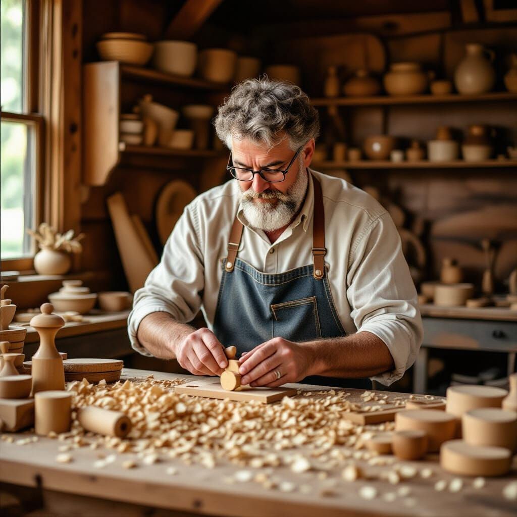 Craftsman Making Wooden Toys in Folk Art Style