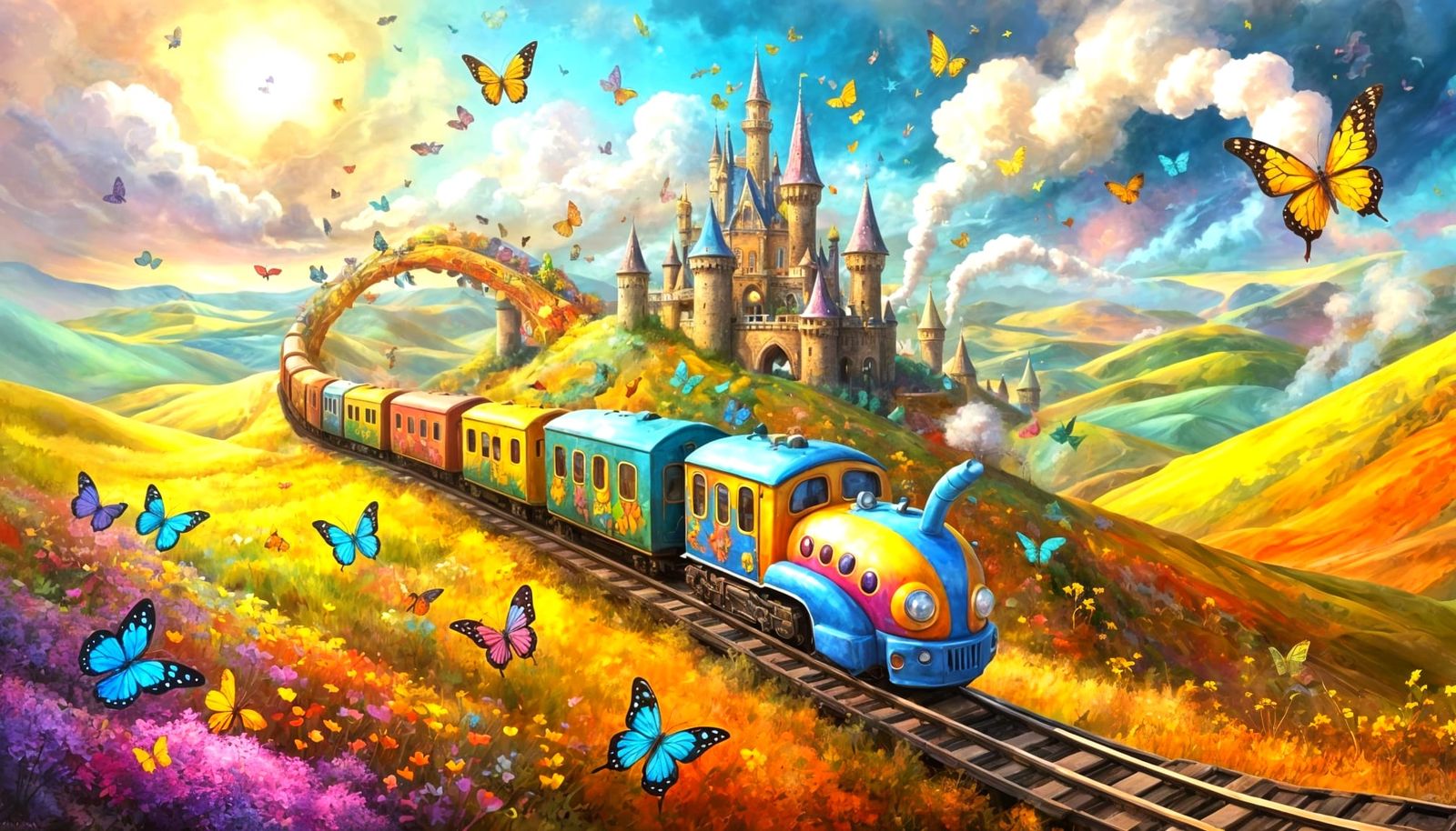 Surreal Caterpillar Train Through Fairy-Tale Landscape