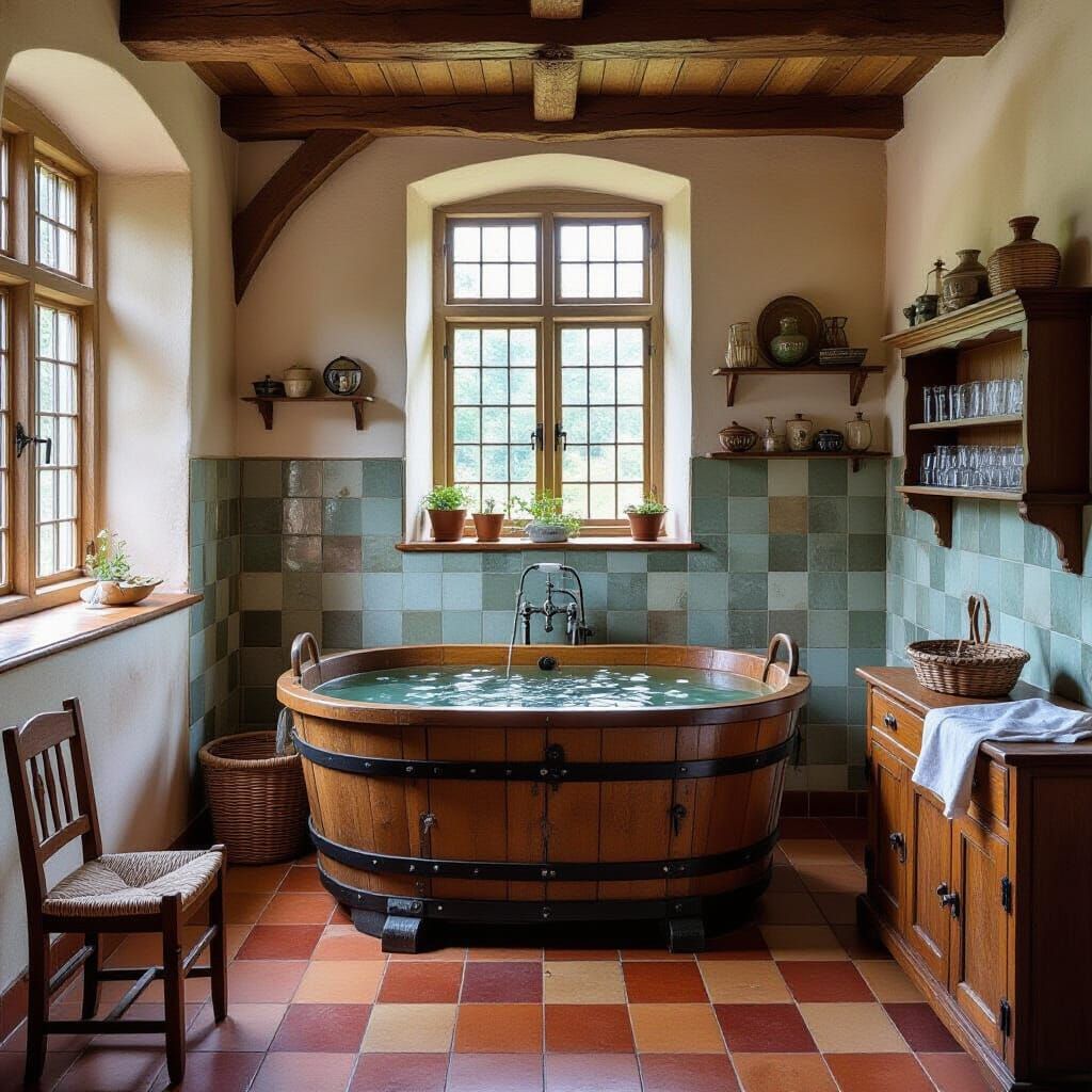 Medieval Bathing Room with Bubbles as Renaissance Painting