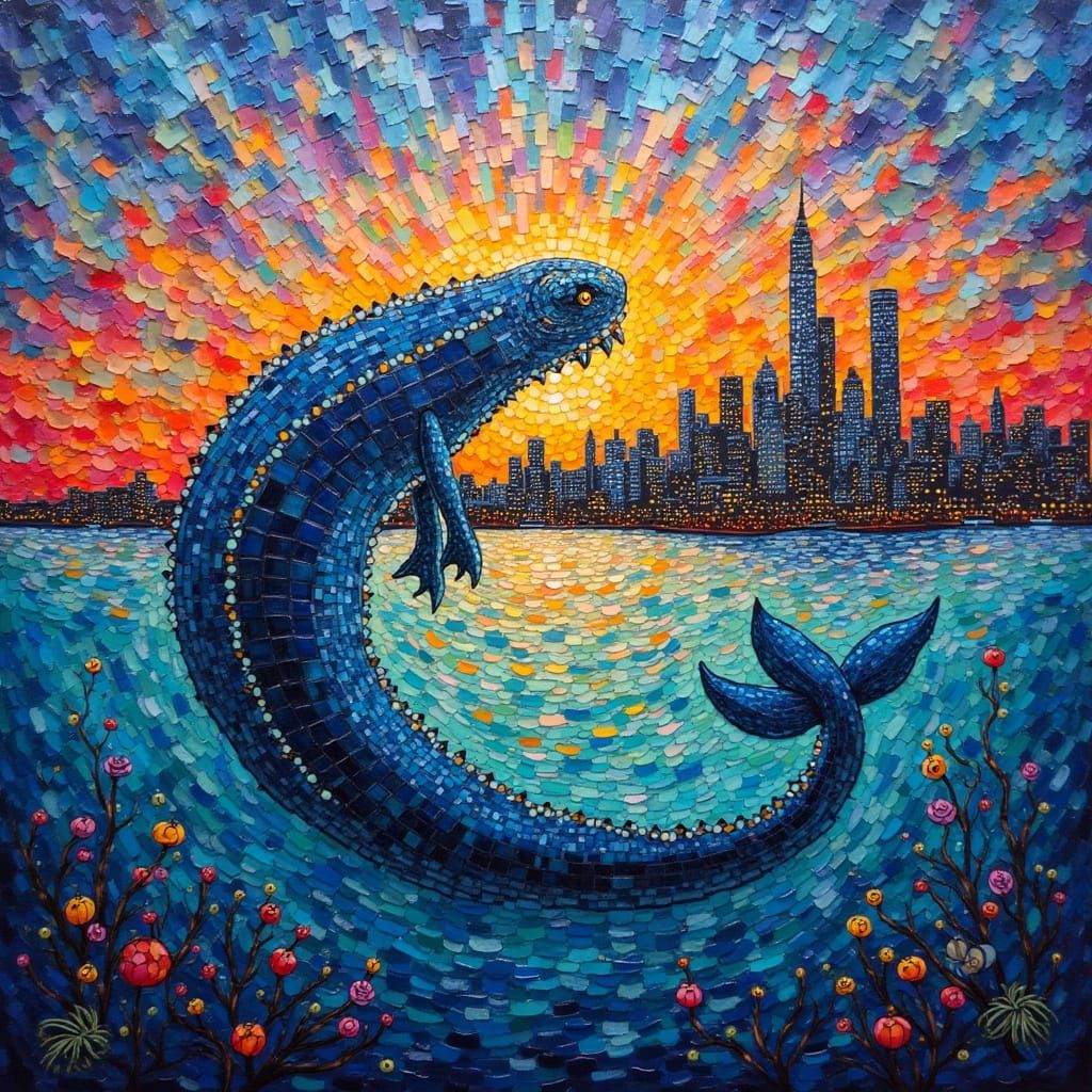 Surreal Sea Monster Mosaic in Vibrant Underwater Cityscape