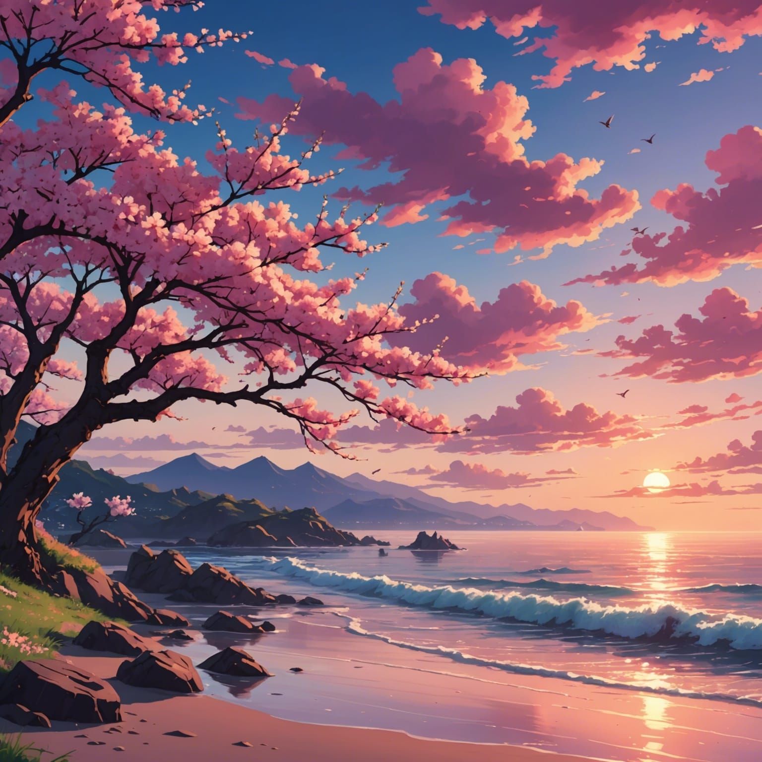 Cherry Blossoms in Vibrant Sunset by the Ocean