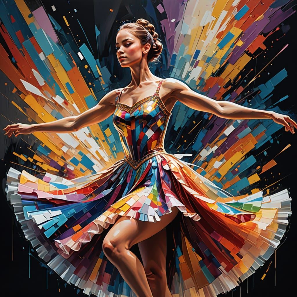 Ballerina Poses Before Vibrant Collage Background