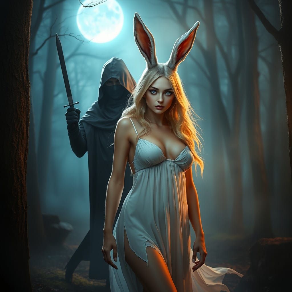 Fantasy Intruder Attacks Moonlit Bunny Woman in Dark Forest