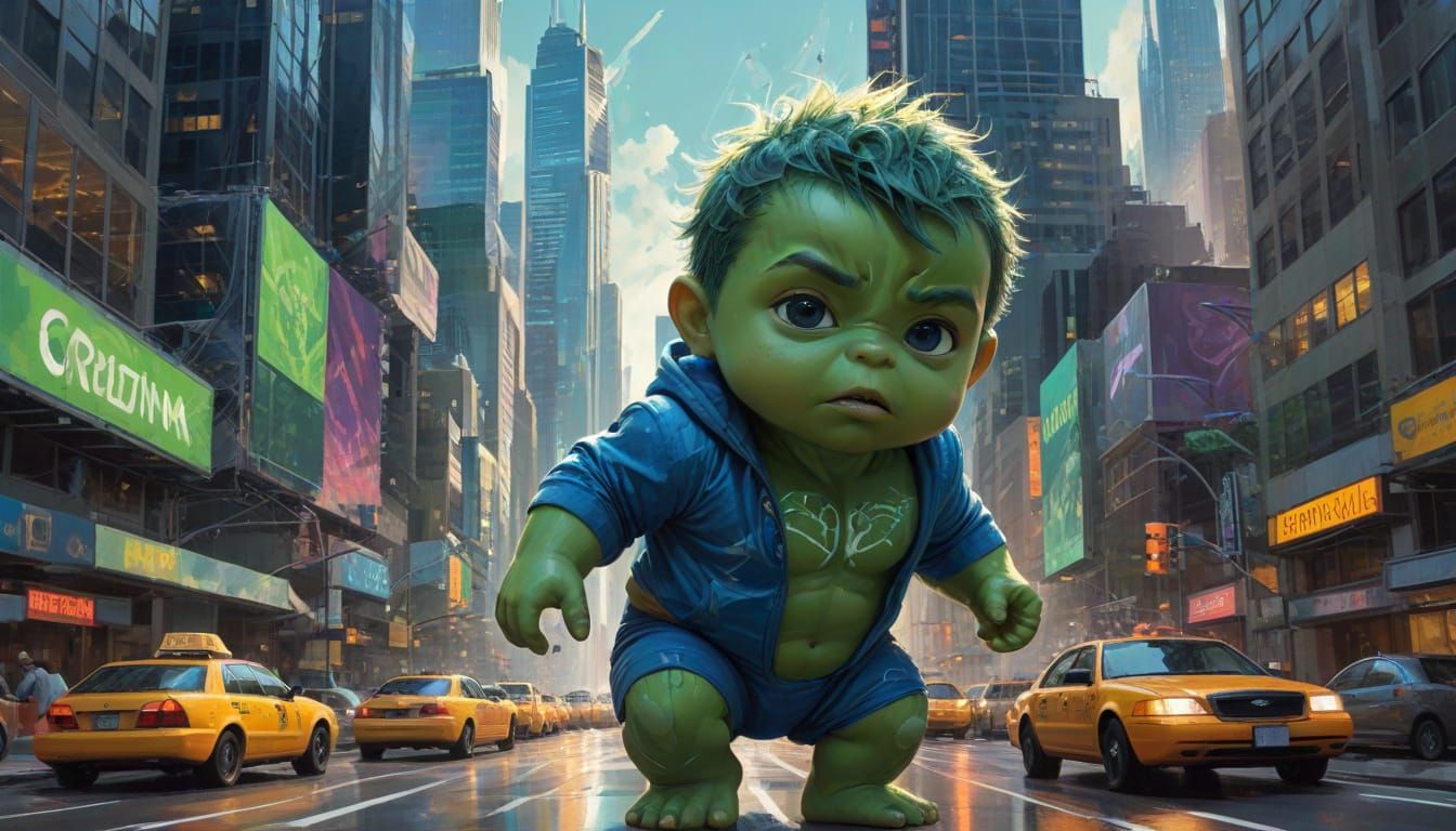 Impasto Cityscape with Baby Hulk