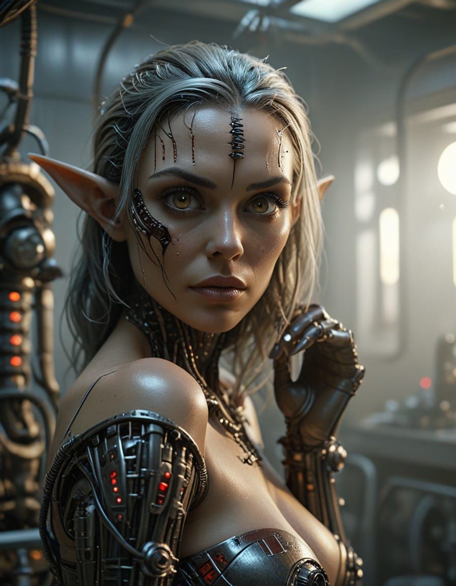 Retro Futuristic Cyber Conversion Scene in Dark Storybook St...