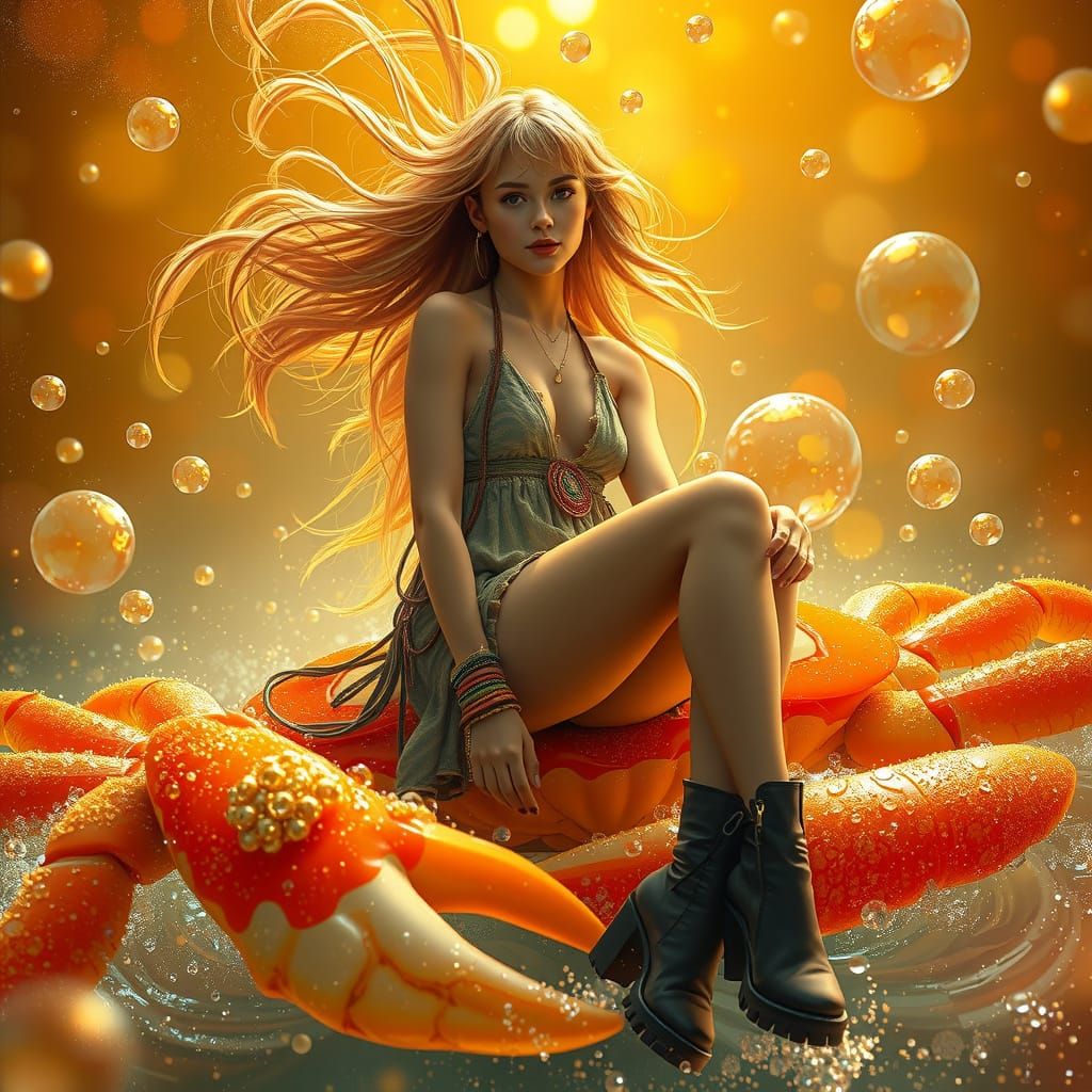 Woman on Gummy Crab in Dreamlike Soda Sea