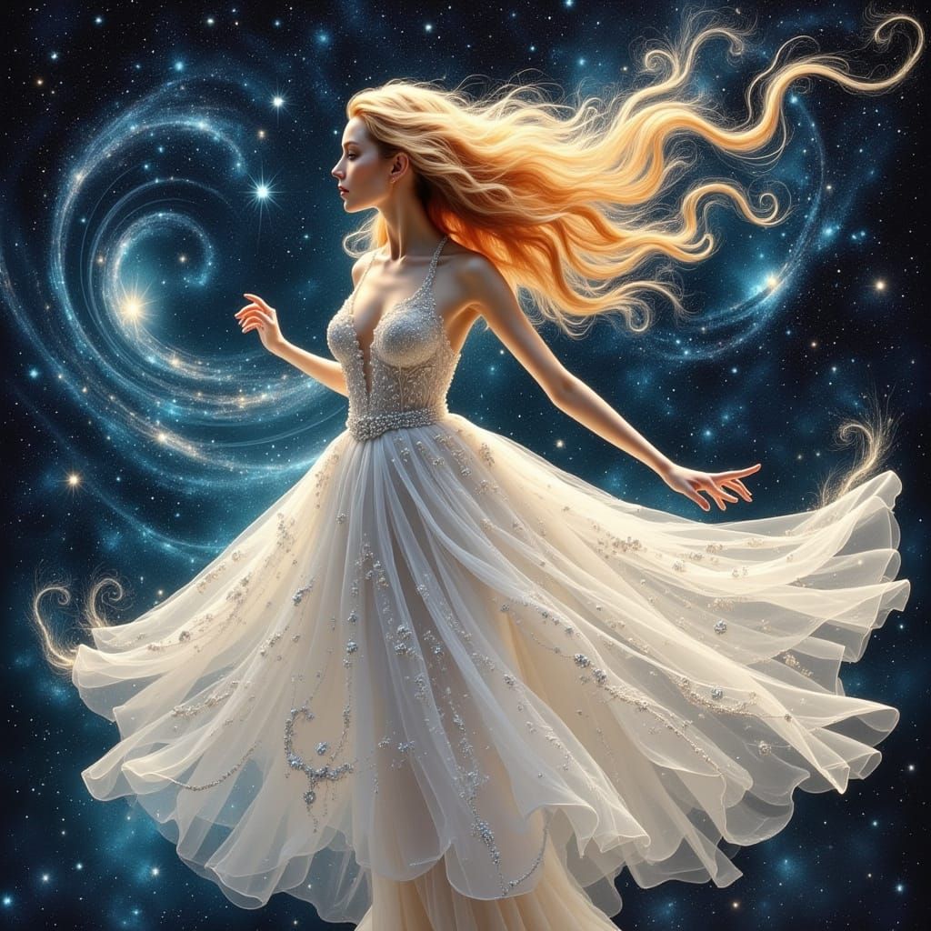 Ethereal Woman in Resplendent White Gown Amidst Celestial La...