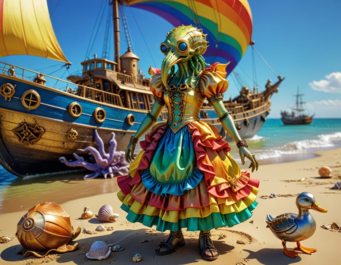Steampunk Beach Vacation with Cthulhu in Silk Dress