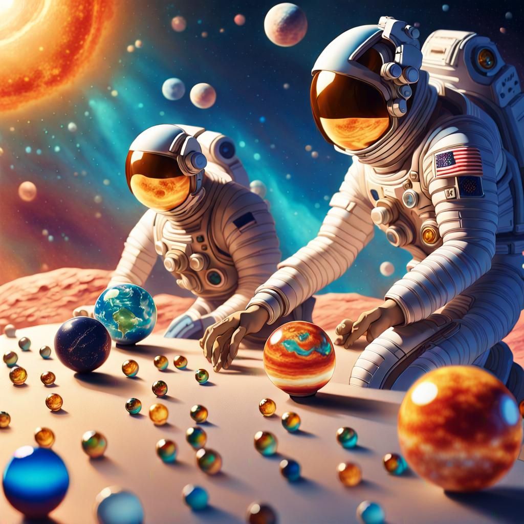 Astronauts Play Marbles with Celestial Bodies in a Vibrant,...
