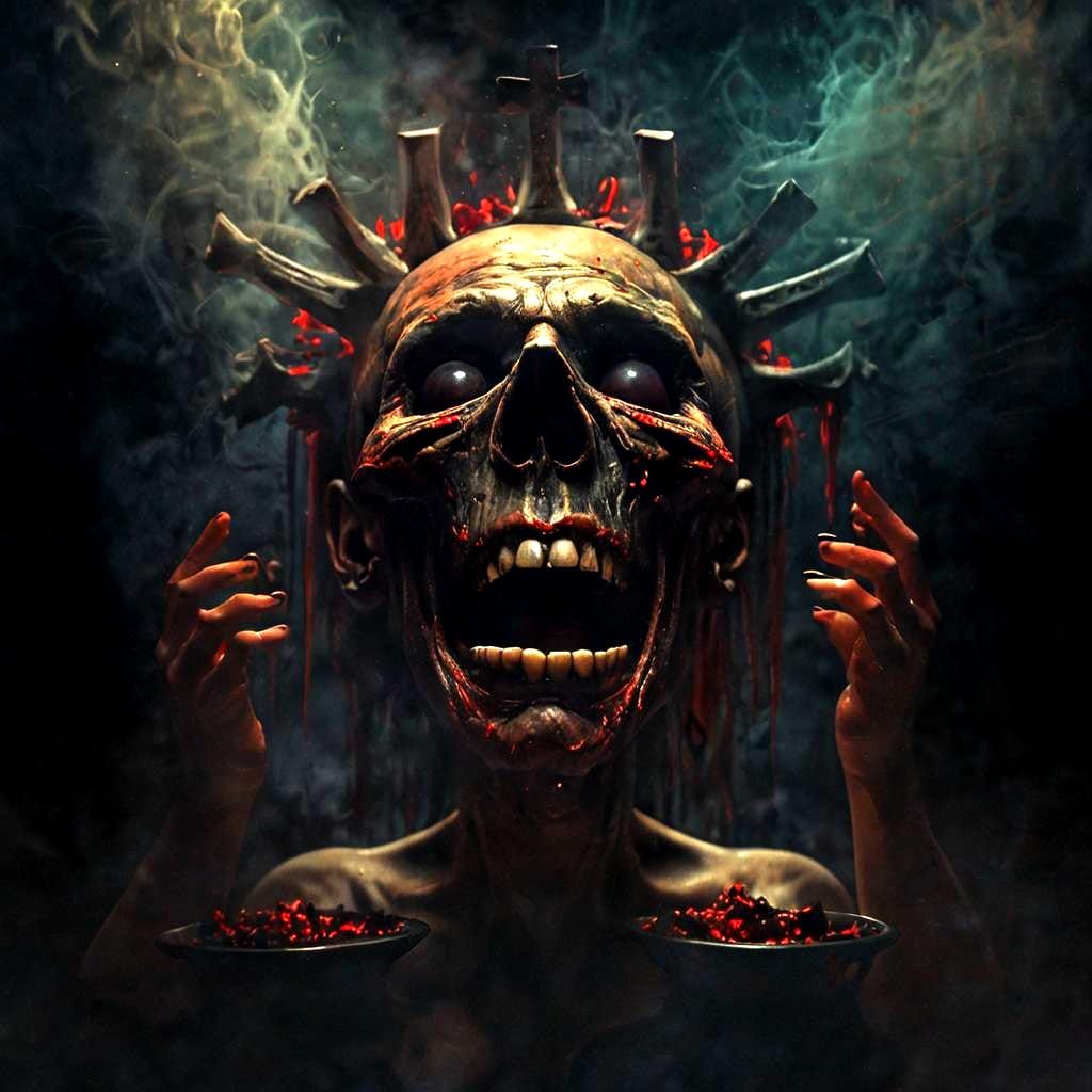 Dark Occult Horror Scene with a Human Head as an Evil Offeri...