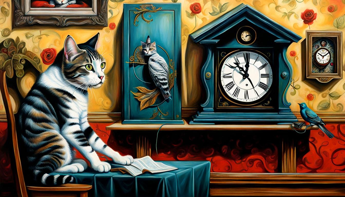 Feline Hacker Surveys Whimsical Clockwork Scene