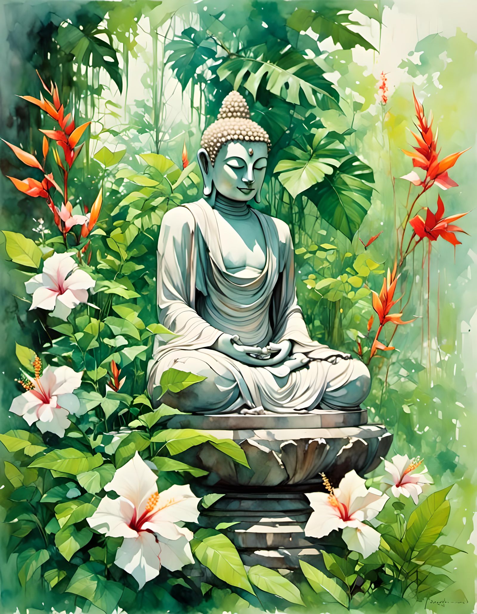 Buddha Amidst Vibrant Bali Florals in Whimsical Cubism