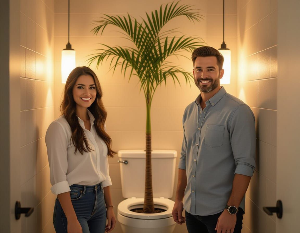 Palm Tree Toilet: A Hyperrealistic Bathroom Scene