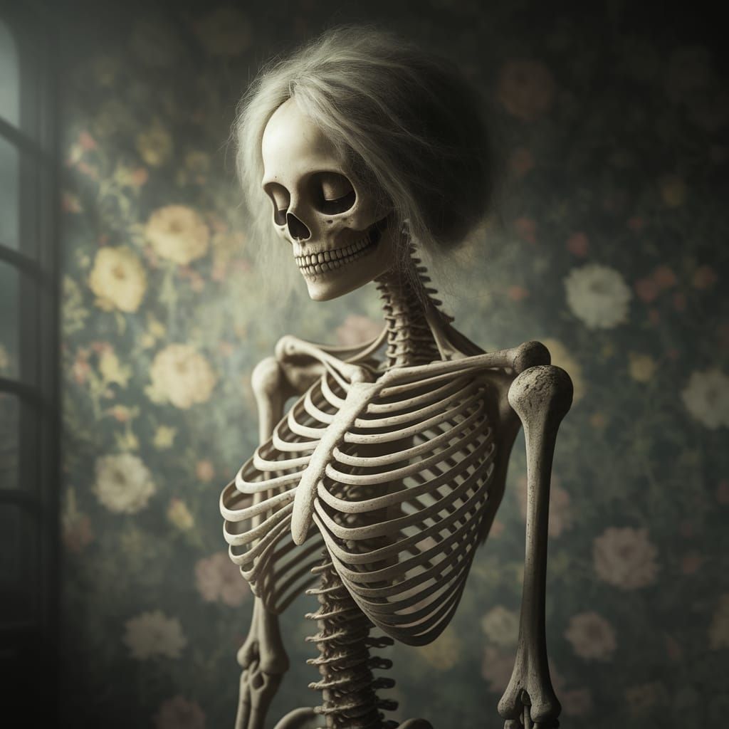 Ethereal Gothic Goddess in Dimly Lit Chamber